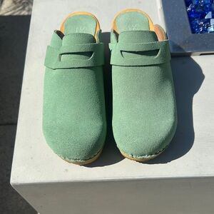 Original Danish “Sanita” clogs. Handmade. Green Suede  Slip-On Clogs.